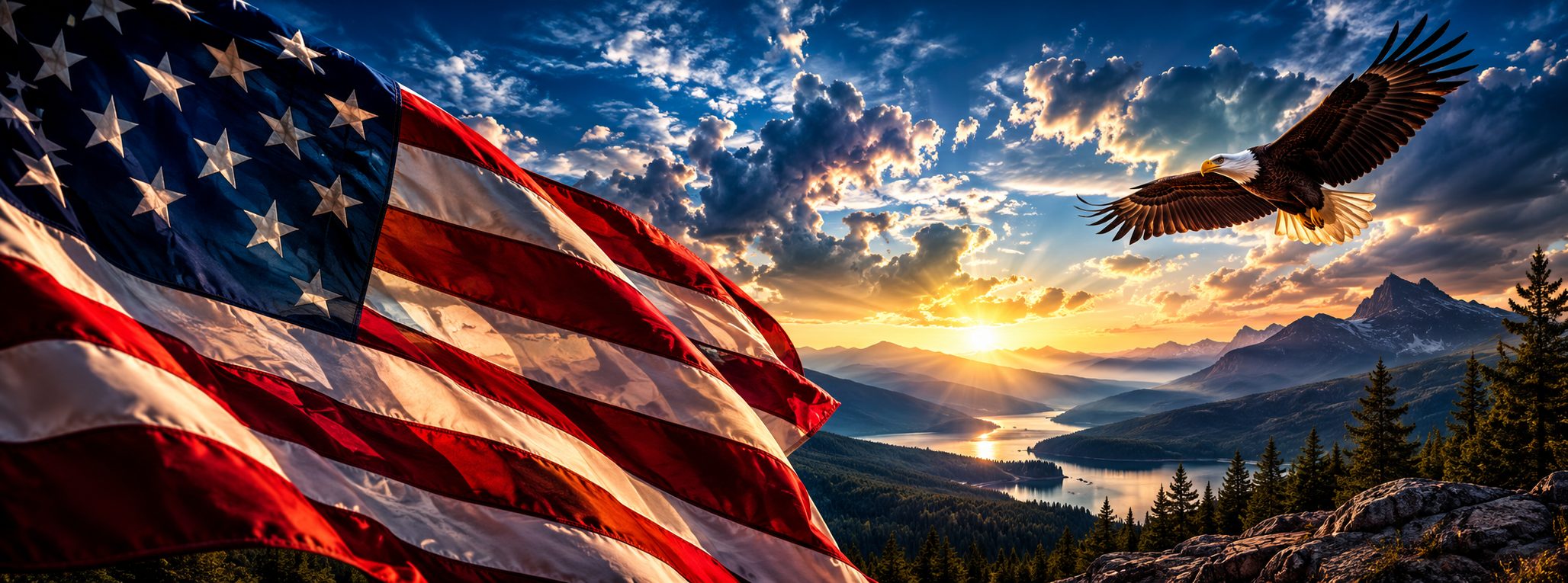 An American flag waving at sunset with a bald eagle flying over mountains