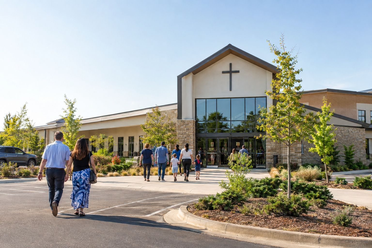 Families walking into church on a sunny morning.