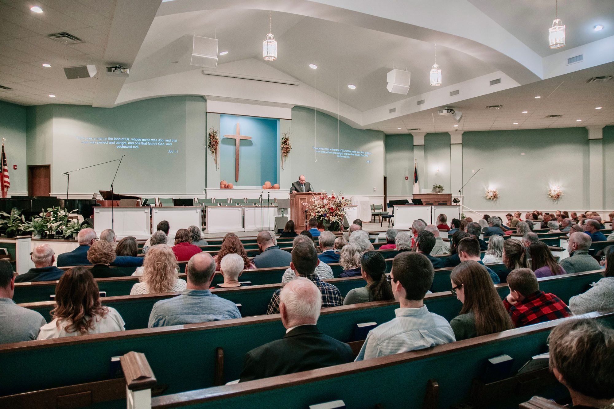 A congregation seated for a Sunday morning service