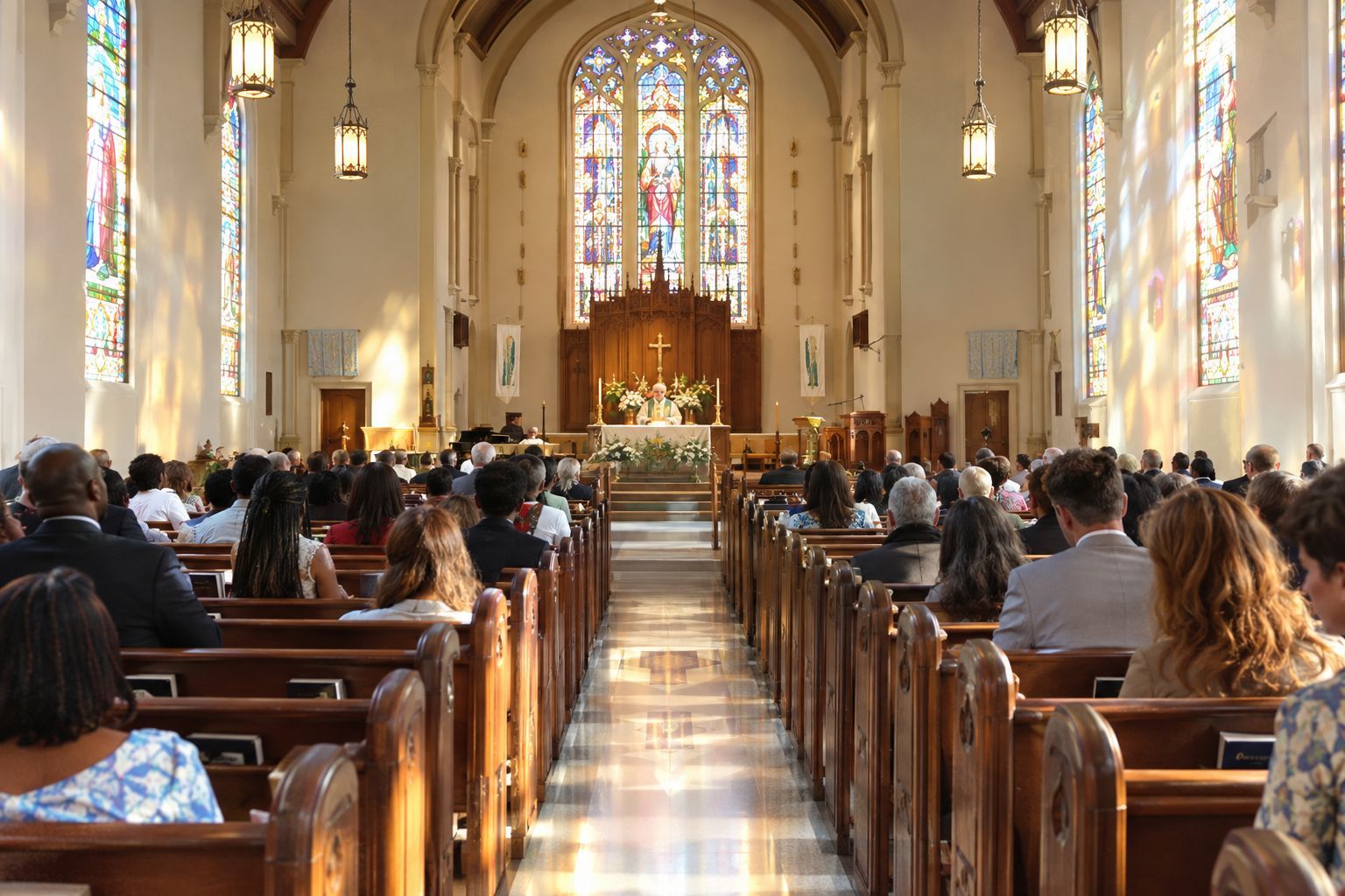A congregation gathered in a church sanctuary.